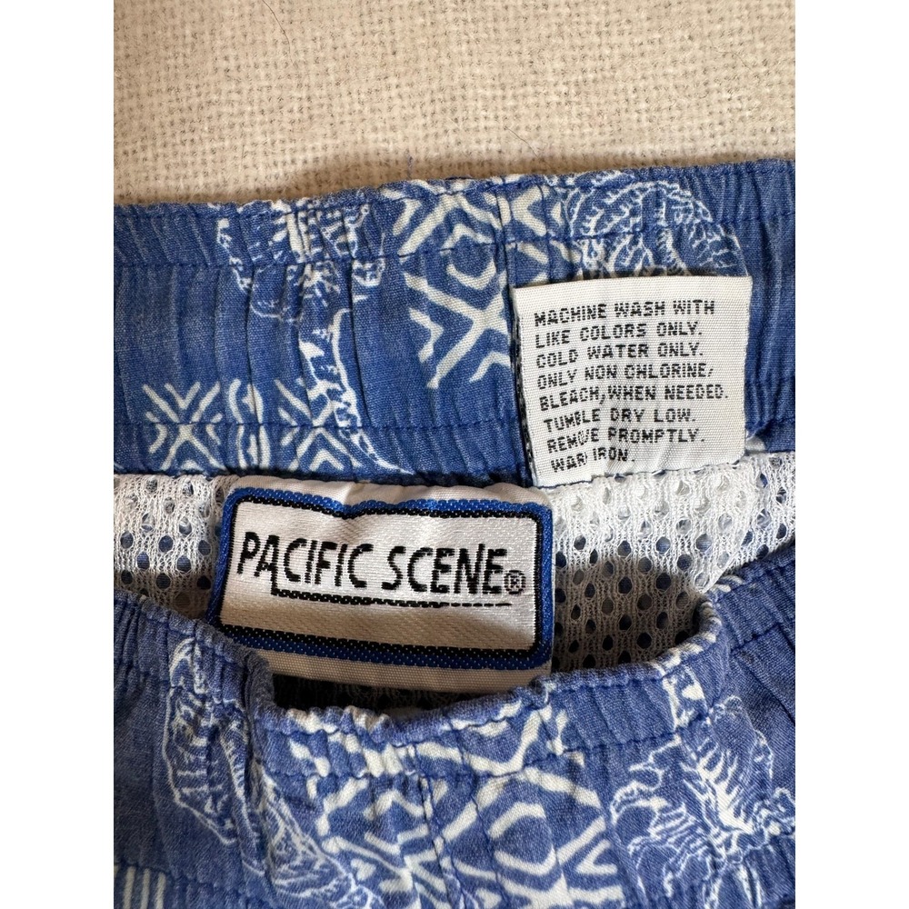 Pacific Scene Vintage 90s Swim Trunks Mens L Blue Seashell Hibiscus Print - Picture 5 of 8